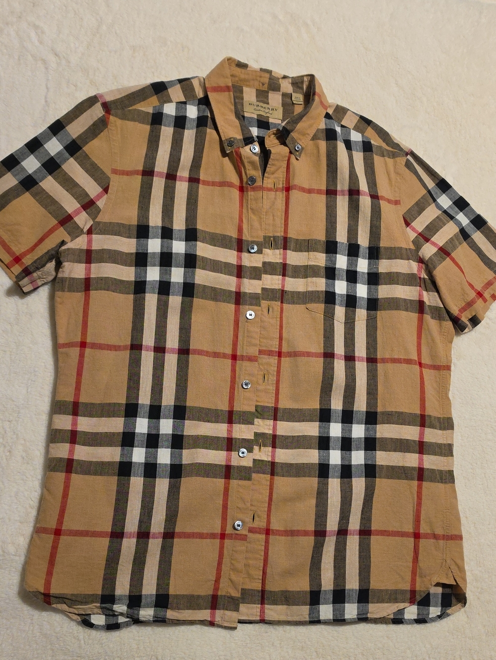 Burberry Tan Black White Red Check Short-Sleeve Button-Down Shirt Large Size